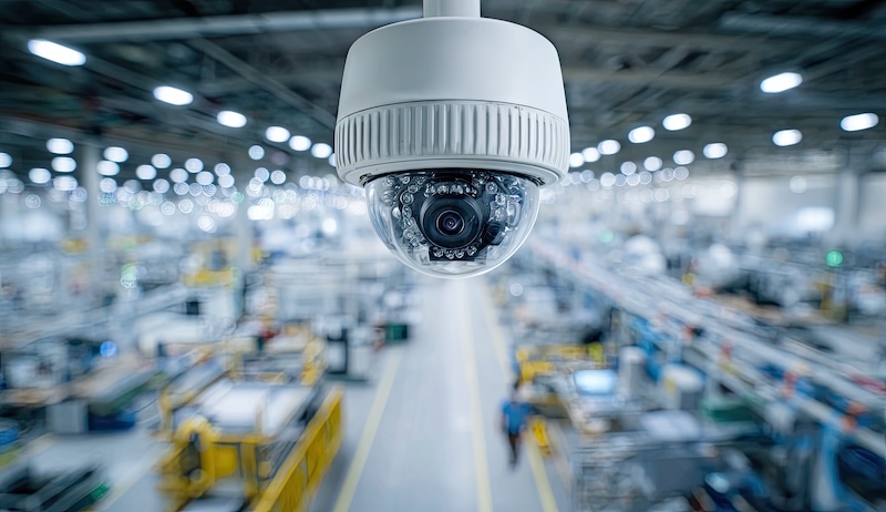 Semtech Security camera monitors a modern, brightly lit factory floor with rows of machinery